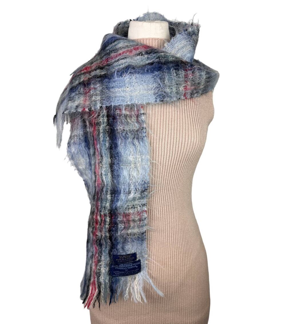 LOCHCARRON of Scotland Princess Diana Of Wales Blue Red Scarf Mohair Wool Tartan